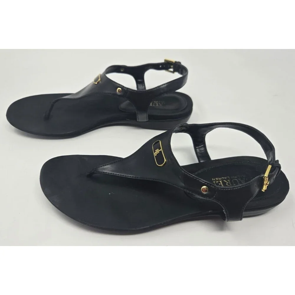Lauren Ralph Lauren Thong Sandals Women's Size 9 Kacy Black Gold T-Strap - Picture 4 of 7